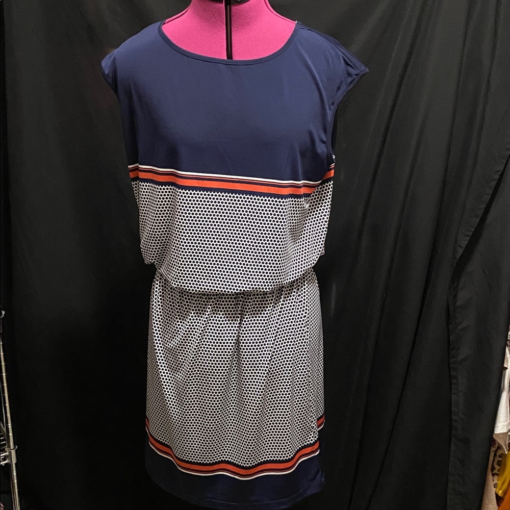 EUC Max Studio Red white blue polkadot stripe Sleeveless Elastic Waist dress L